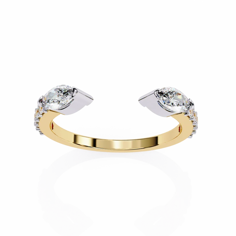 Elegant Two-Tone Marquise & Round Diamond Open Cuff Gold Ring
