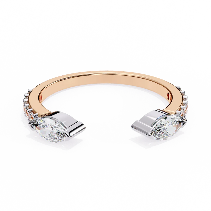 Elegant Two-Tone Marquise & Round Diamond Open Cuff Gold Ring