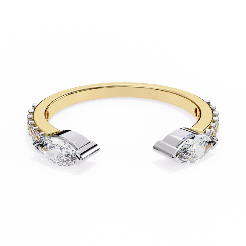 Elegant Two-Tone Marquise & Round Diamond Open Cuff Gold Ring