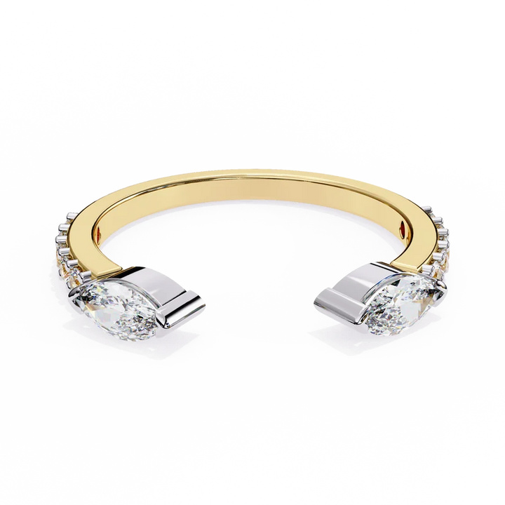 Elegant Two-Tone Marquise & Round Diamond Open Cuff Gold Ring