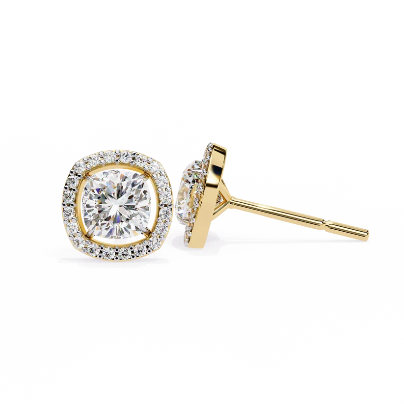 Cushion-Cut Diamond Halo Stud Earrings – Double Halo Gold Earrings