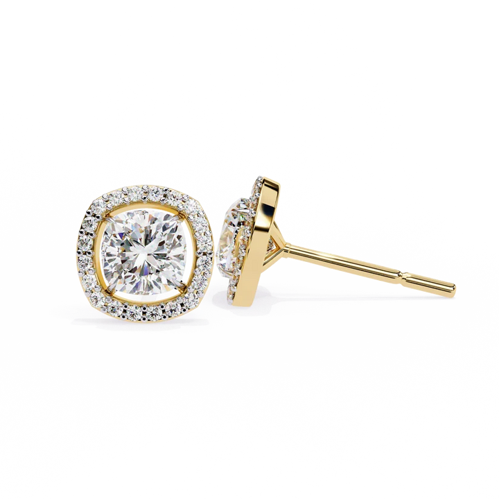 Cushion-Cut Diamond Halo Stud Earrings – Double Halo Gold Earrings