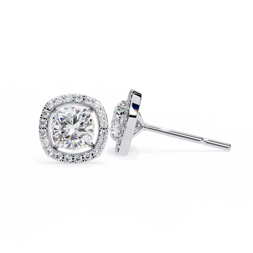 Cushion-Cut Diamond Halo Stud Earrings – Double Halo Gold Earrings