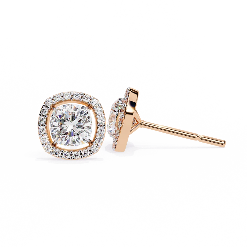 Cushion-Cut Diamond Halo Stud Earrings – Double Halo Gold Earrings