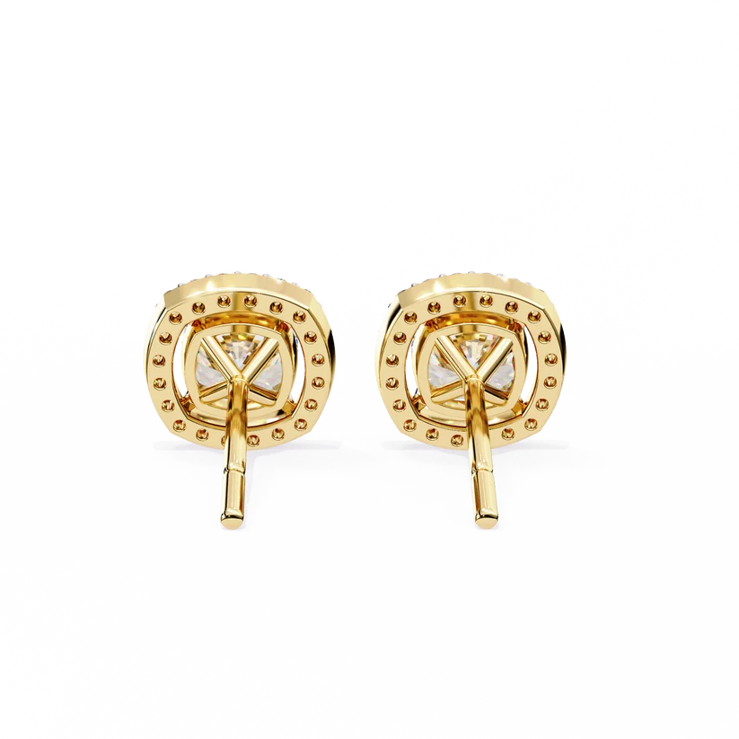 Cushion-Cut Diamond Halo Stud Earrings – Double Halo Gold Earrings
