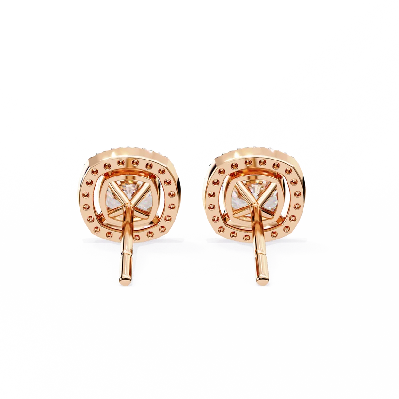 Cushion-Cut Diamond Halo Stud Earrings – Double Halo Gold Earrings