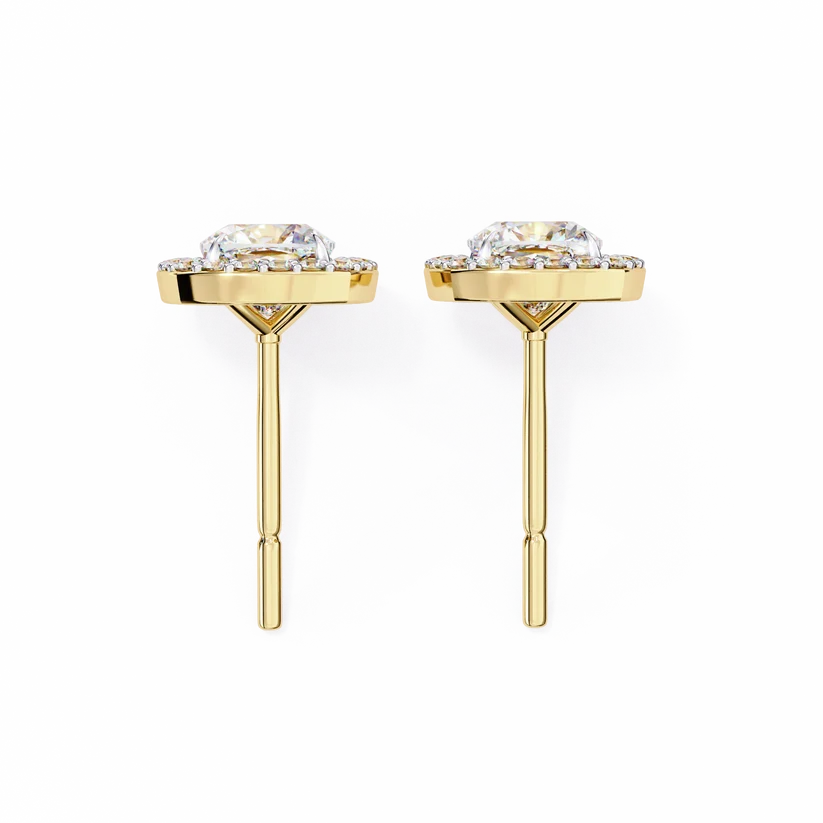 Cushion-Cut Diamond Halo Stud Earrings – Double Halo Gold Earrings