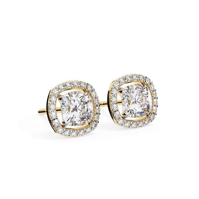Cushion-Cut Diamond Halo Stud Earrings – Double Halo Gold Earrings