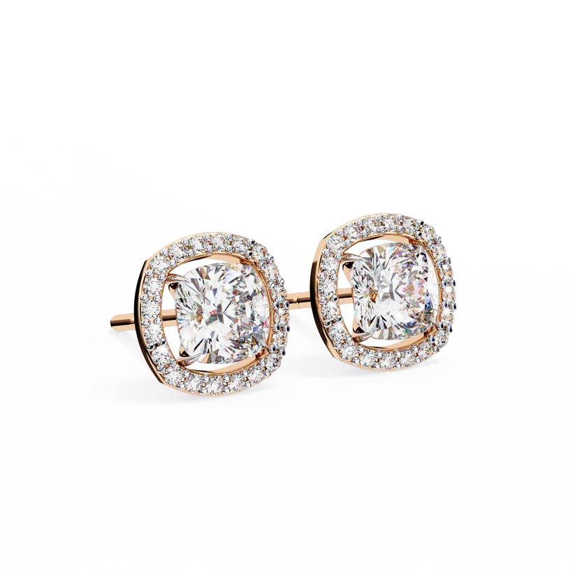 Cushion-Cut Diamond Halo Stud Earrings – Double Halo Gold Earrings