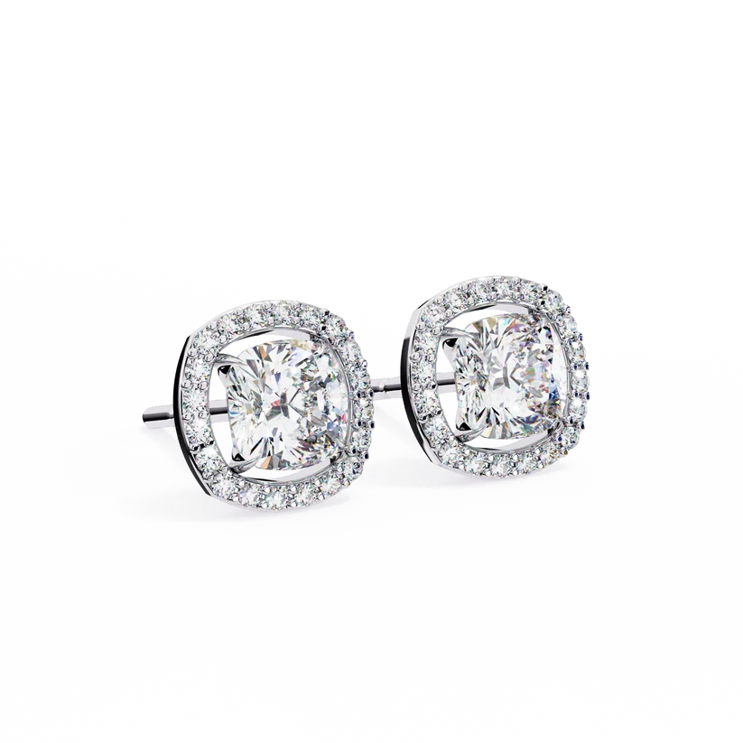 Cushion-Cut Diamond Halo Stud Earrings – Double Halo Gold Earrings