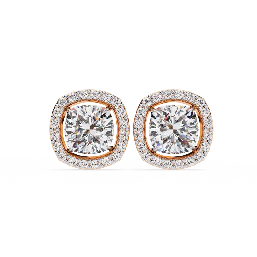 Cushion-Cut Diamond Halo Stud Earrings – Double Halo Gold Earrings