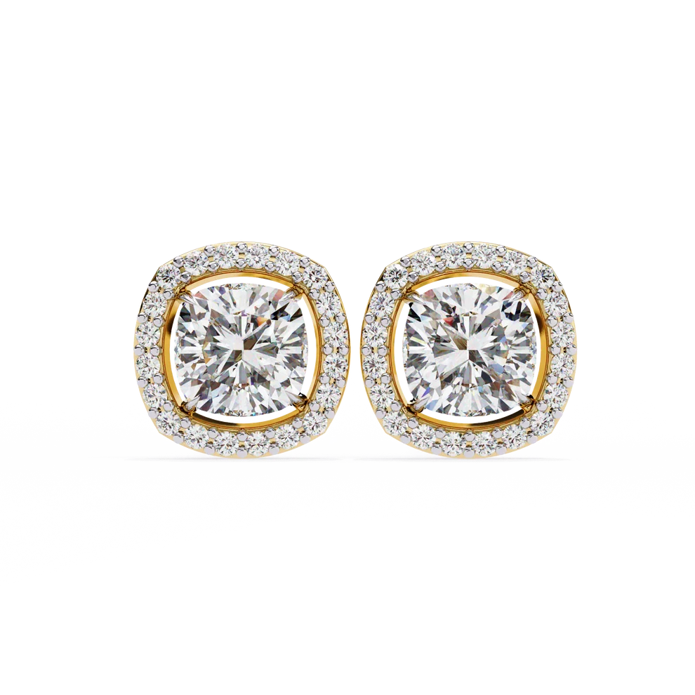 Cushion-Cut Diamond Halo Stud Earrings – Double Halo Gold Earrings