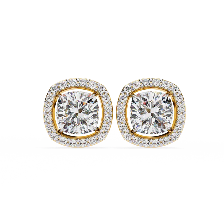 Cushion-Cut Diamond Halo Stud Earrings – Double Halo Gold Earrings