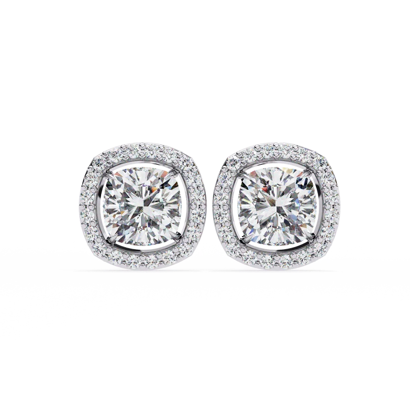 Cushion-Cut Diamond Halo Stud Earrings – Double Halo Gold Earrings
