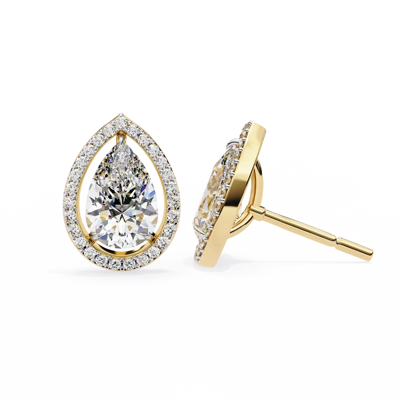 Elegant Pear-Shaped Diamond Halo Drop Earrings in Gold