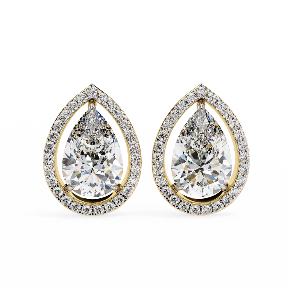 Elegant Pear-Shaped Diamond Halo Drop Earrings in Gold