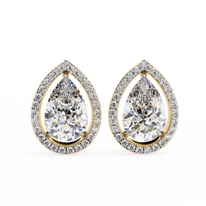 Elegant Pear-Shaped Diamond Halo Drop Earrings in Gold