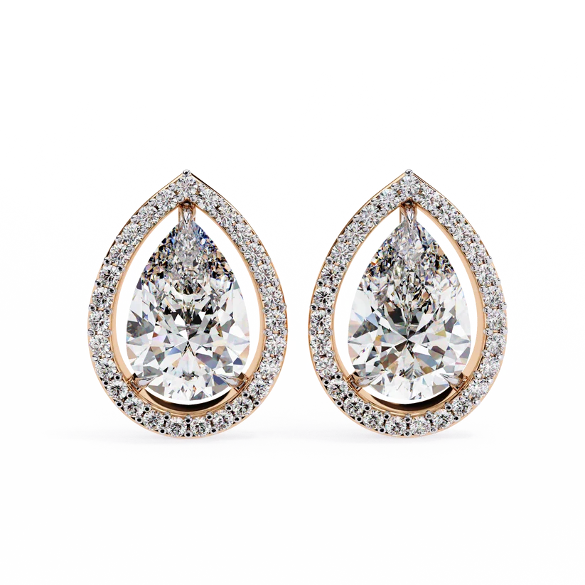 Elegant Pear-Shaped Diamond Halo Drop Earrings in Gold