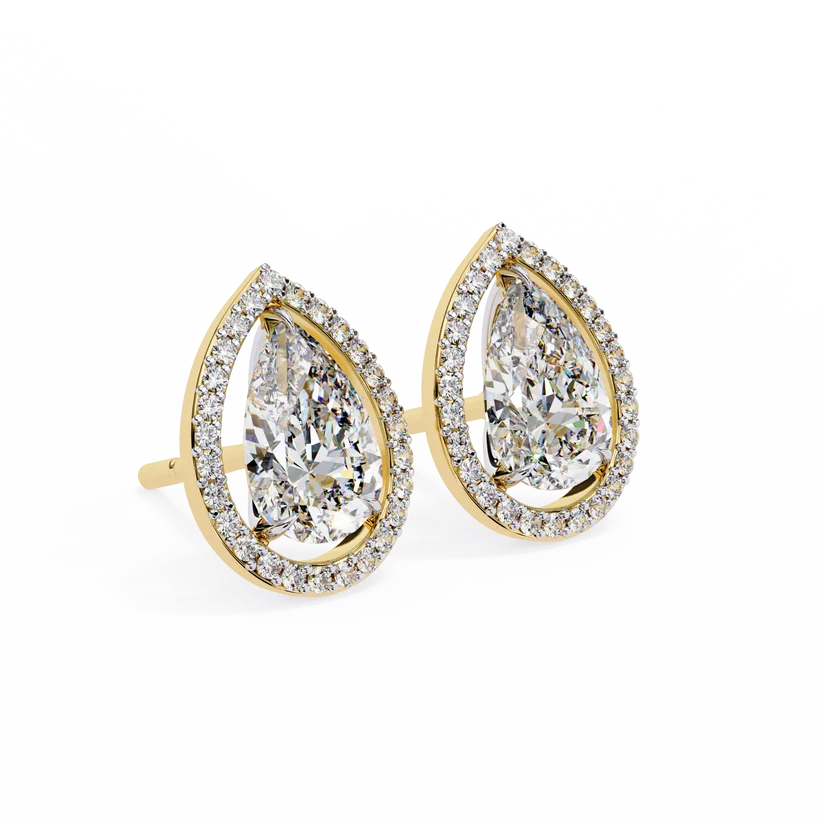 Elegant Pear-Shaped Diamond Halo Drop Earrings in Gold
