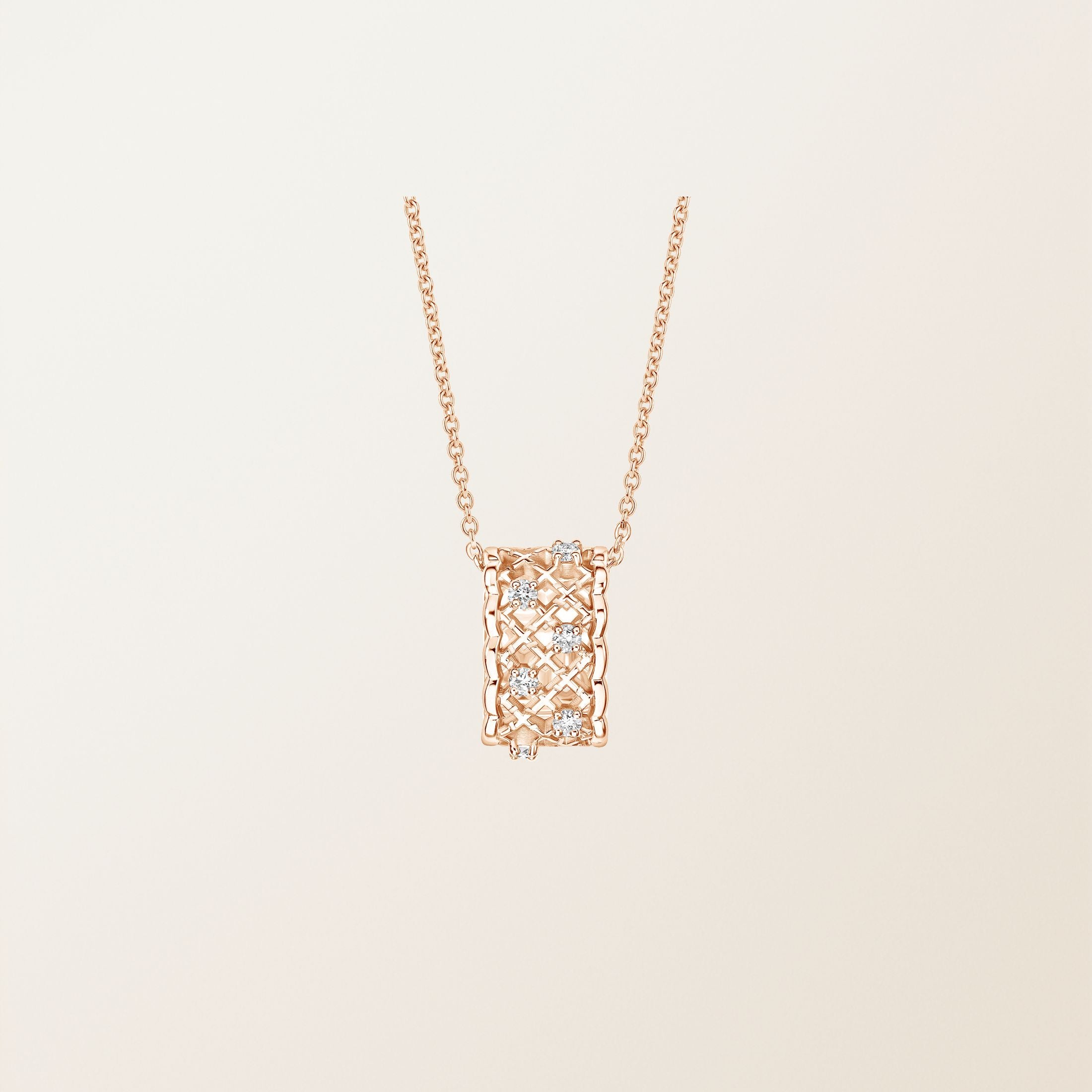 Lattice — Rose Gold Diamond Quilted Barrel Pendant Necklace