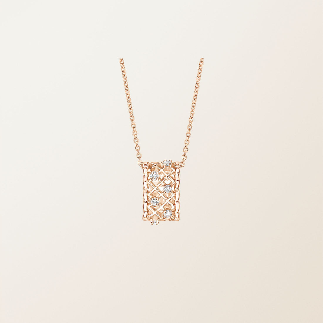 Lattice — Rose Gold Diamond Quilted Barrel Pendant Necklace