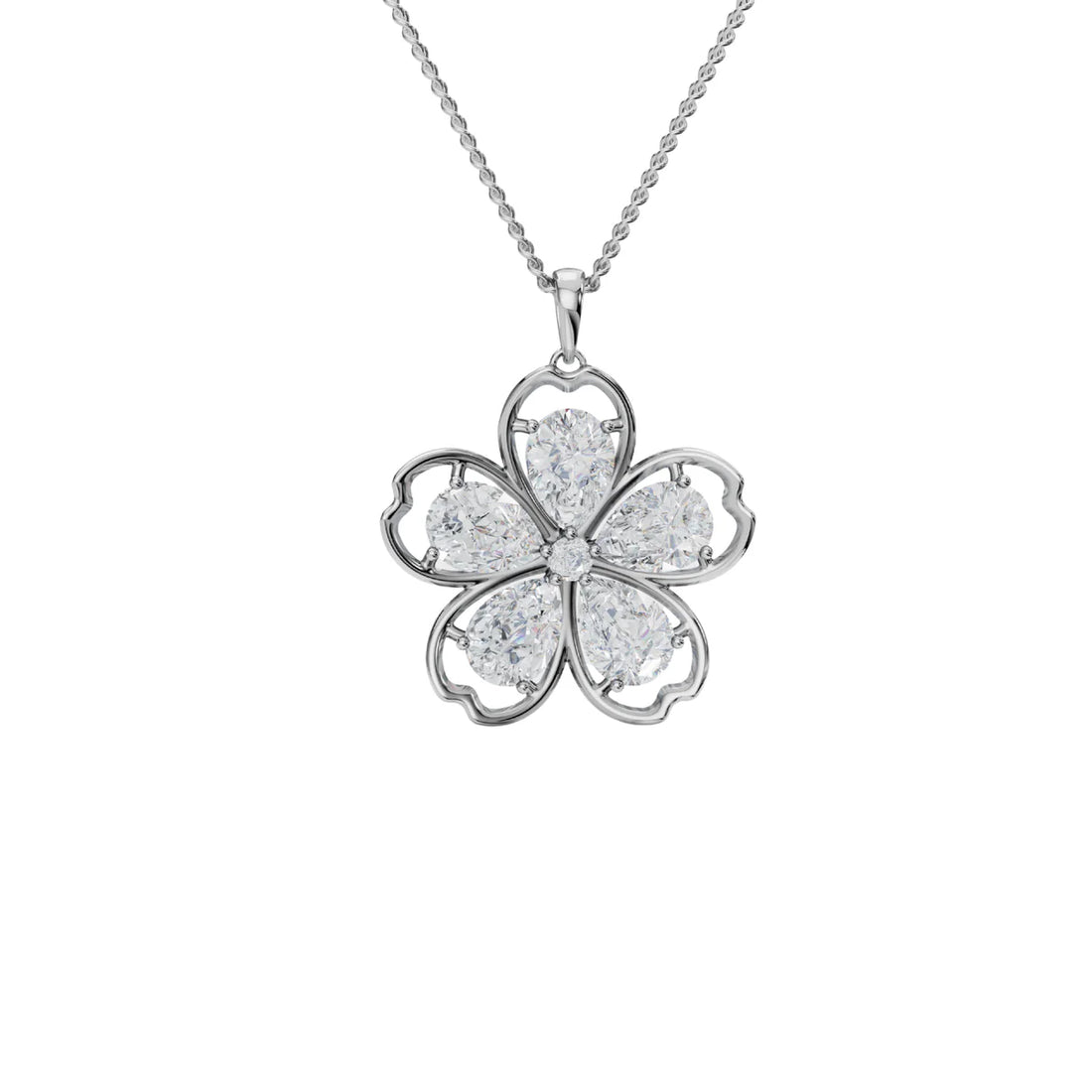 Five Petal Heart Flower Diamond Pendant Necklace in 925 Sterling Silver | Floral Diamond Jewelry