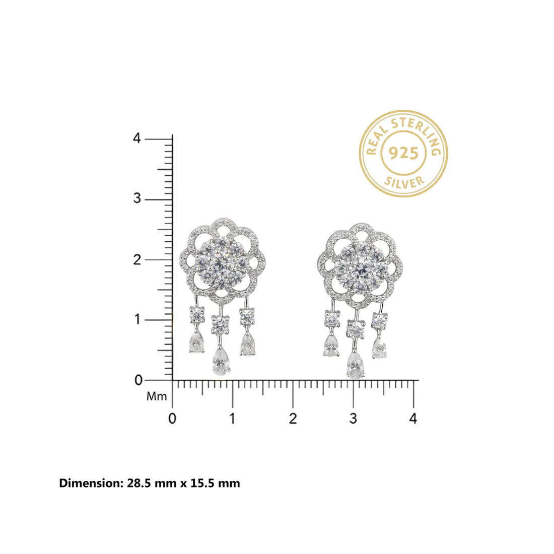 Floral Halo Diamond Drop Dangle Earrings in 925 Sterling Silver