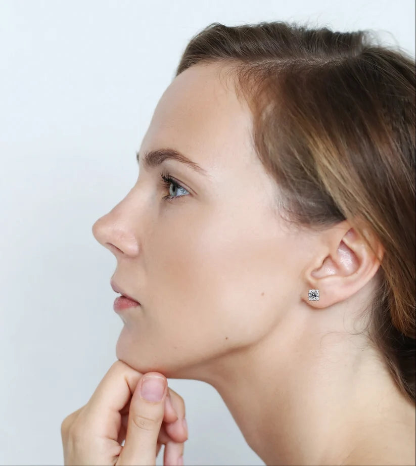 Heart-Accent Square Brilliant Diamond Stud Earrings