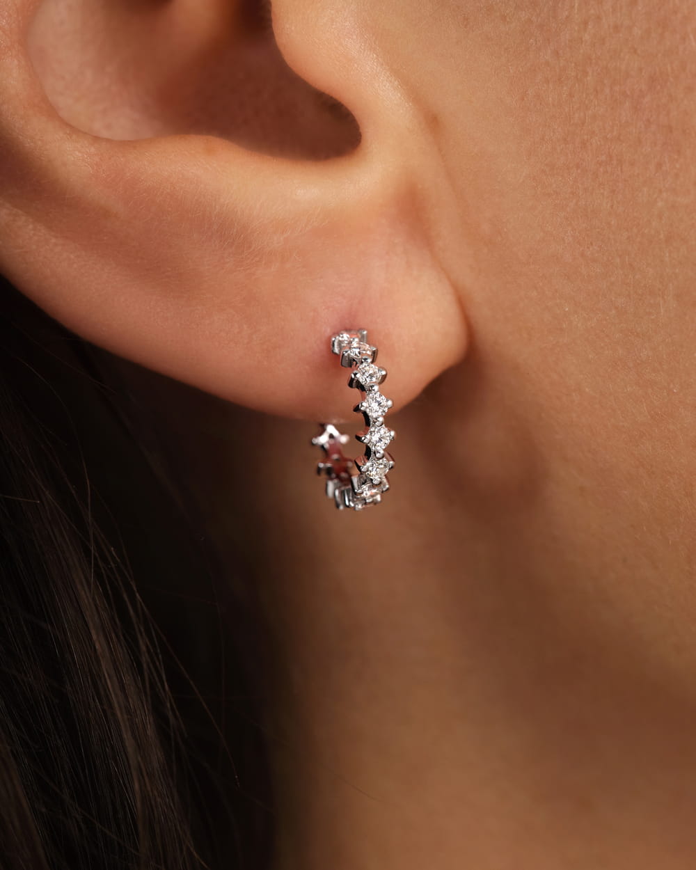 Scattered Diamond Huggie Hoop Earrings in White Gold