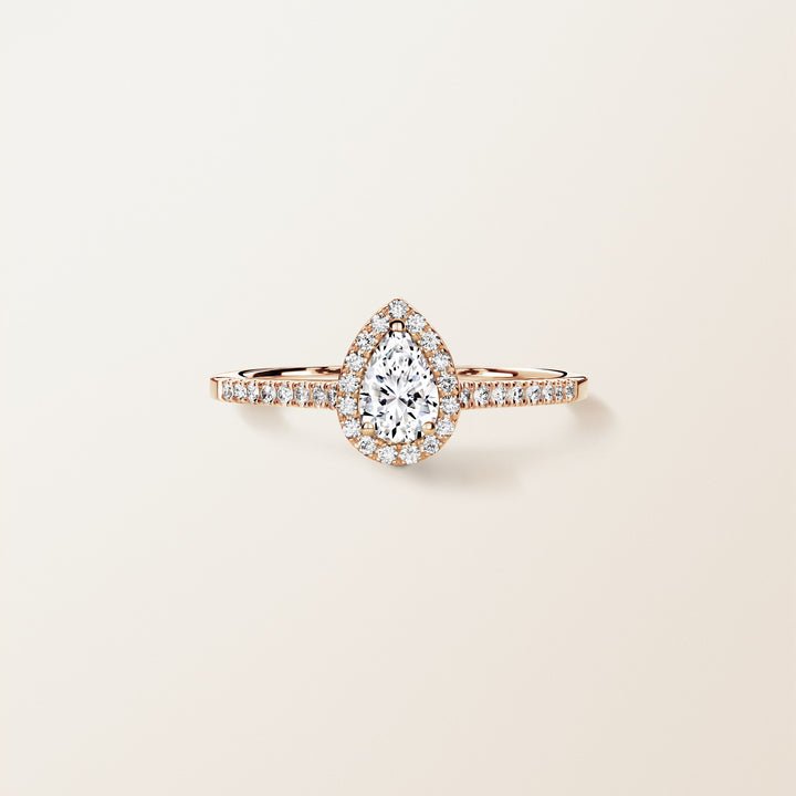 Pear Cut Halo Pavé Shoulder Engagement Ring in Rose Gold