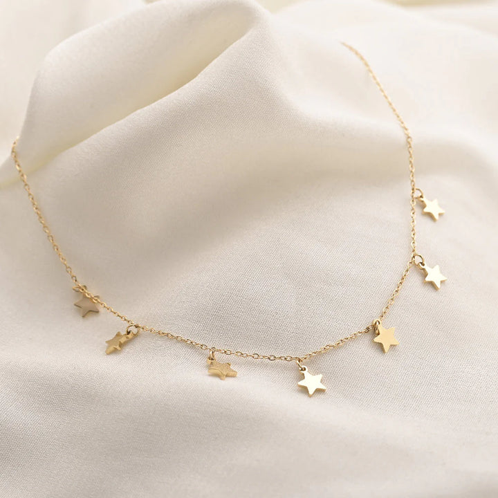 Multi Star Charm Drop Necklace in 10K / 14K / 18K Yellow Gold