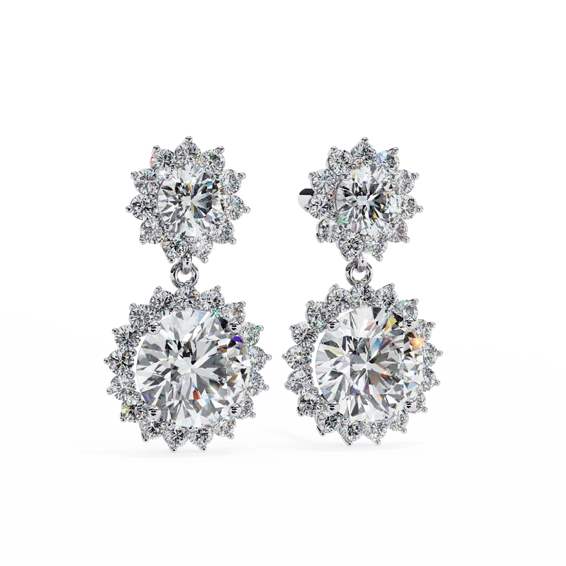 Double Halo Round Diamond Drop Earrings