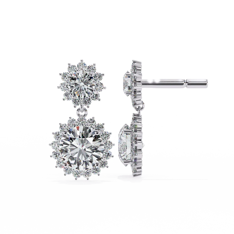 Double Halo Round Diamond Drop Earrings