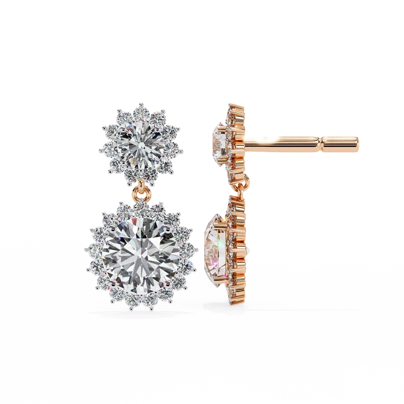 Double Halo Round Diamond Drop Earrings