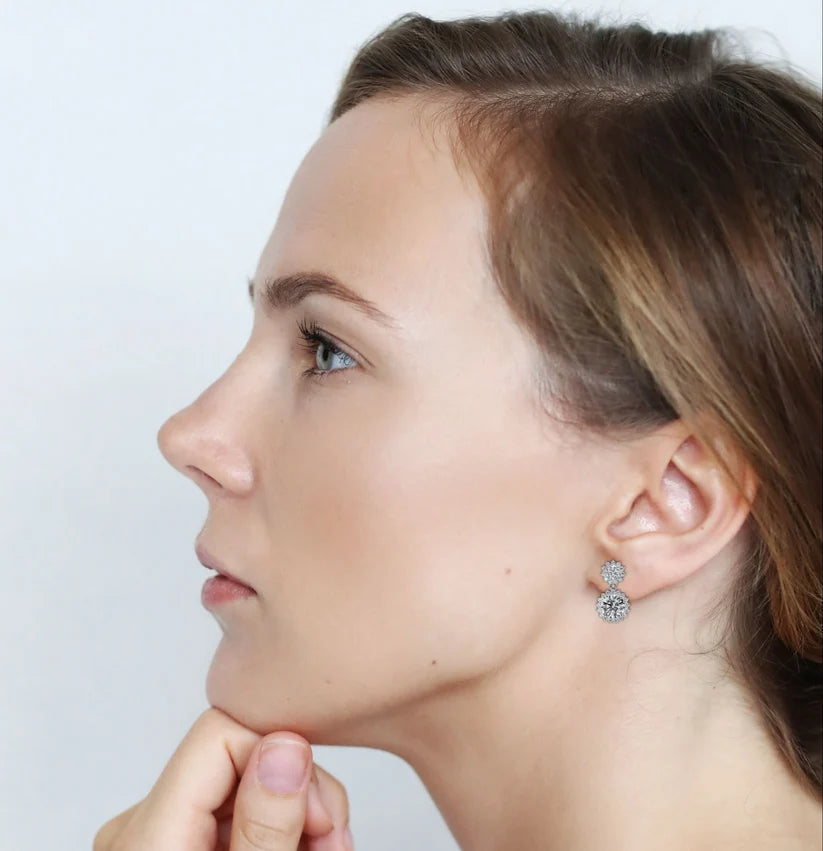 Double Halo Round Diamond Drop Earrings