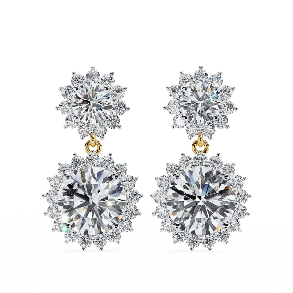 Double Halo Round Diamond Drop Earrings