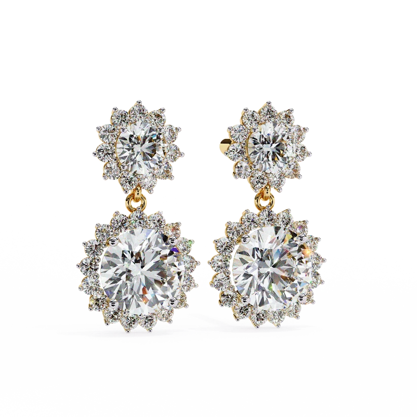 Double Halo Round Diamond Drop Earrings