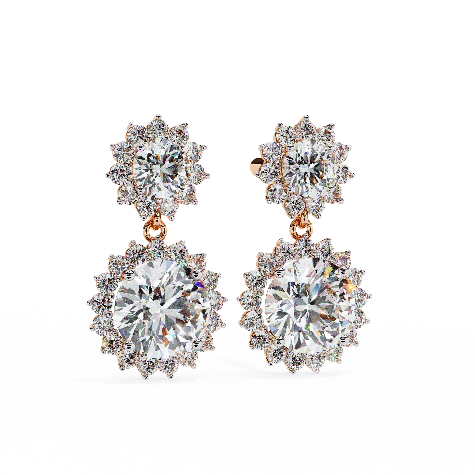 Double Halo Round Diamond Drop Earrings