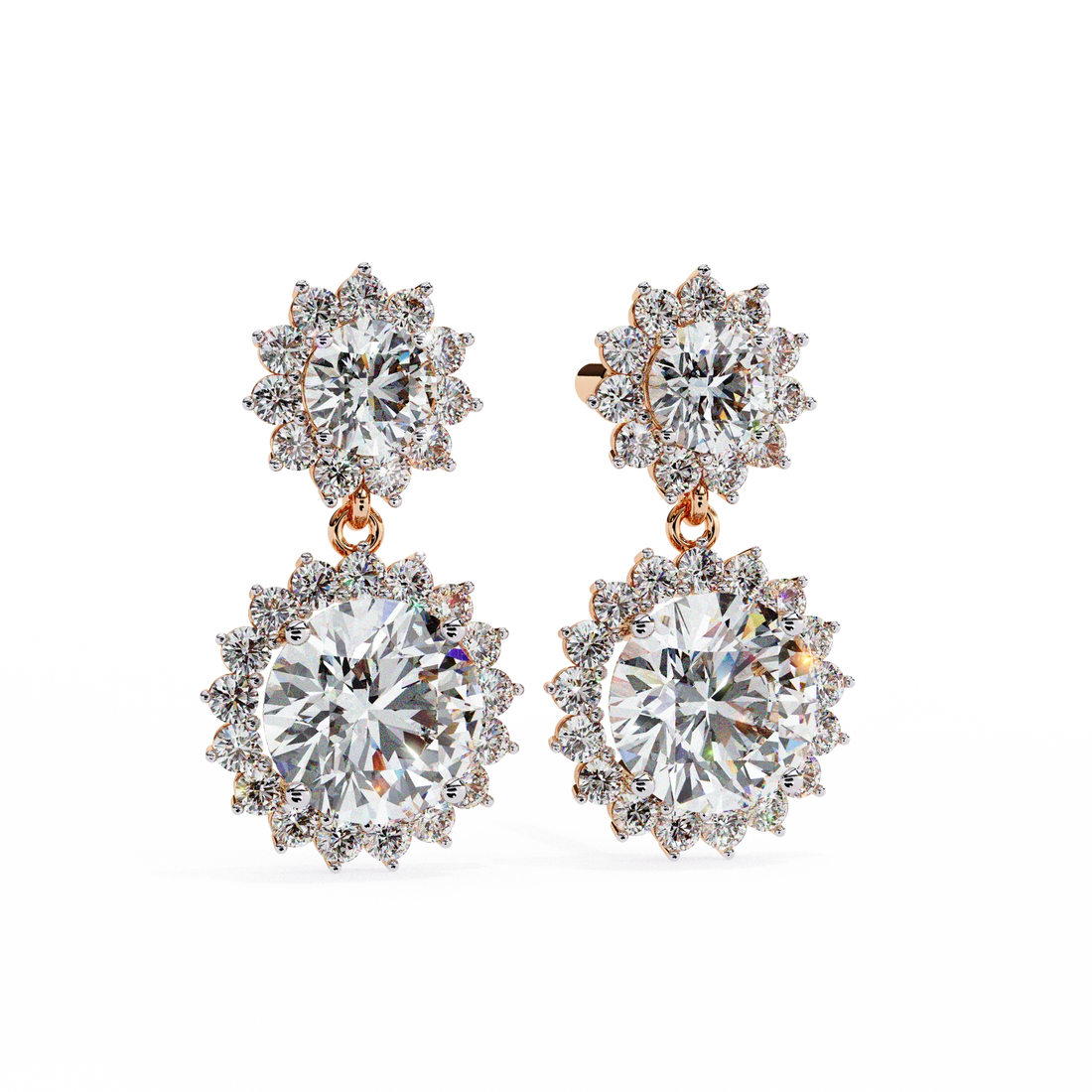 Double Halo Round Diamond Drop Earrings
