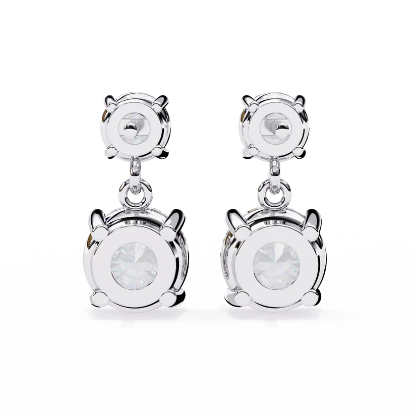 Gold Double Drop Diamond Earrings for Women | Round Brilliant Cut Dangle Earrings