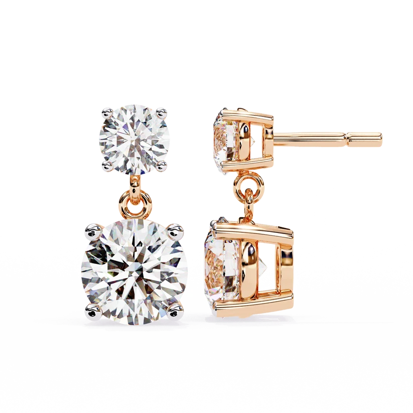 Gold Double Drop Diamond Earrings for Women | Round Brilliant Cut Dangle Earrings
