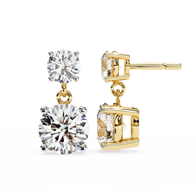 Gold Double Drop Diamond Earrings for Women | Round Brilliant Cut Dangle Earrings