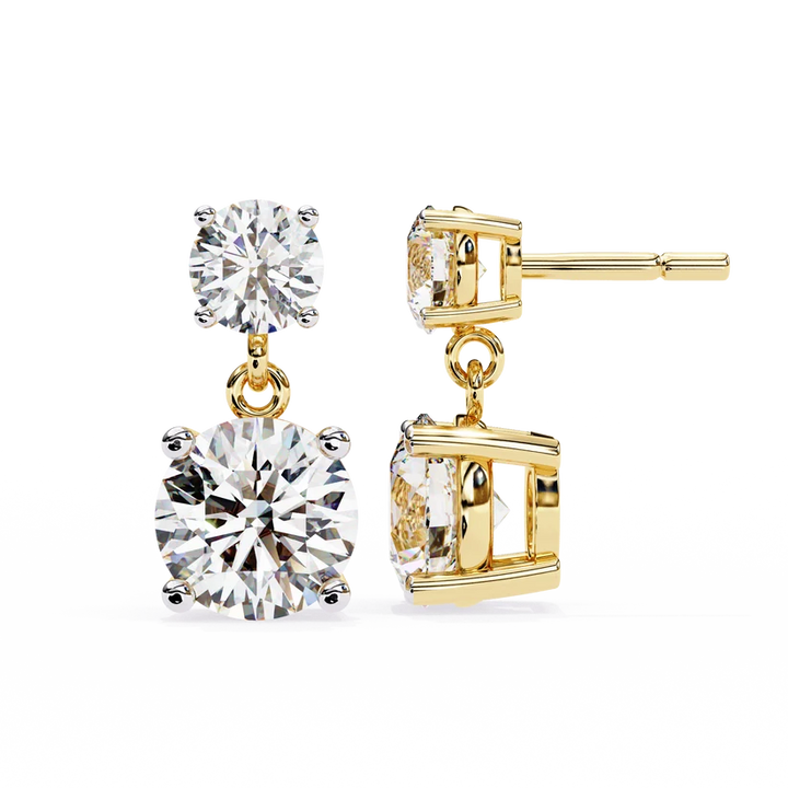 Gold Double Drop Diamond Earrings for Women | Round Brilliant Cut Dangle Earrings