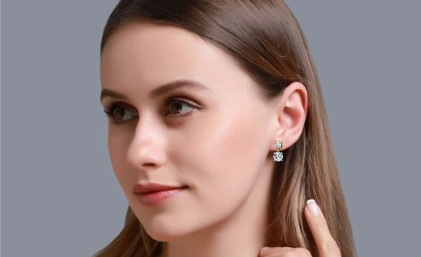 Gold Double Drop Diamond Earrings for Women | Round Brilliant Cut Dangle Earrings