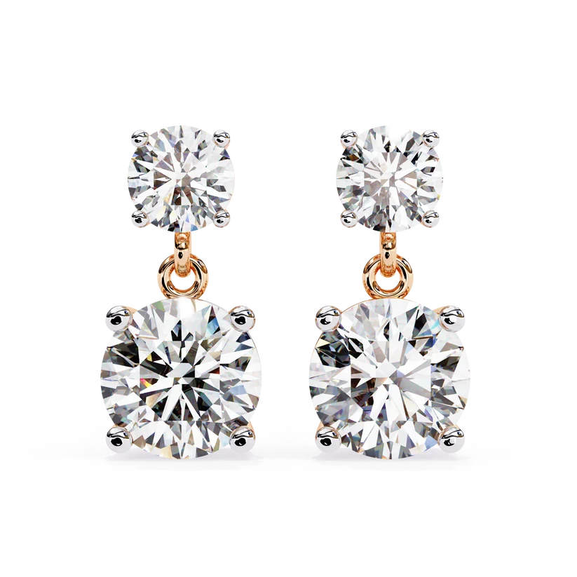 Gold Double Drop Diamond Earrings for Women | Round Brilliant Cut Dangle Earrings