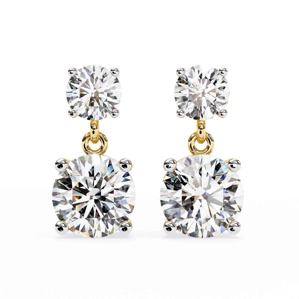 Gold Double Drop Diamond Earrings for Women | Round Brilliant Cut Dangle Earrings