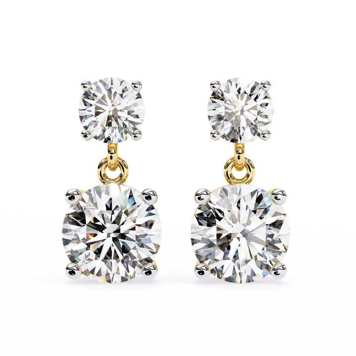 Gold Double Drop Diamond Earrings for Women | Round Brilliant Cut Dangle Earrings