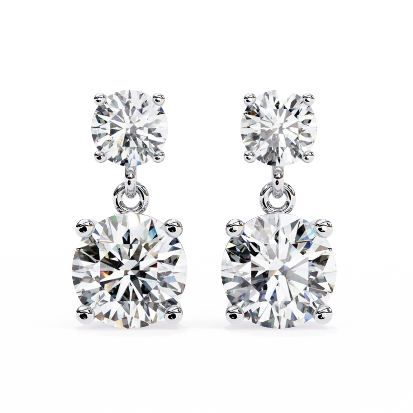 Gold Double Drop Diamond Earrings for Women | Round Brilliant Cut Dangle Earrings