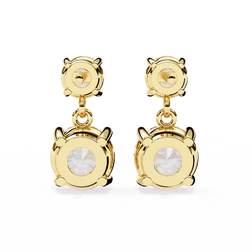 Gold Double Drop Diamond Earrings for Women | Round Brilliant Cut Dangle Earrings