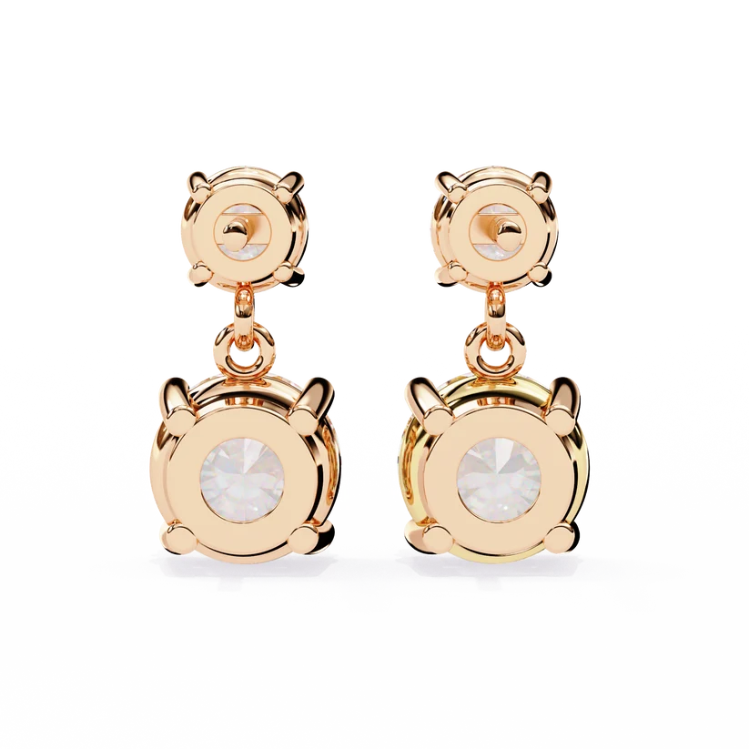 Gold Double Drop Diamond Earrings for Women | Round Brilliant Cut Dangle Earrings